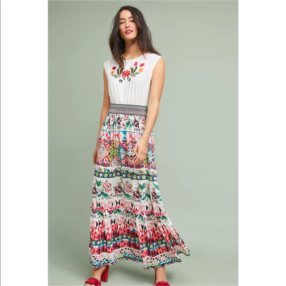Anthropologie Embroidered White Elma Maxi Dress